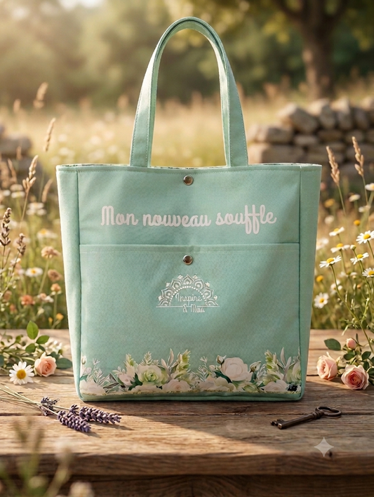 Sac cabas semi rigide vert d'eau motif palmes, collection Mon Nouveau Souffle, fait main Provence