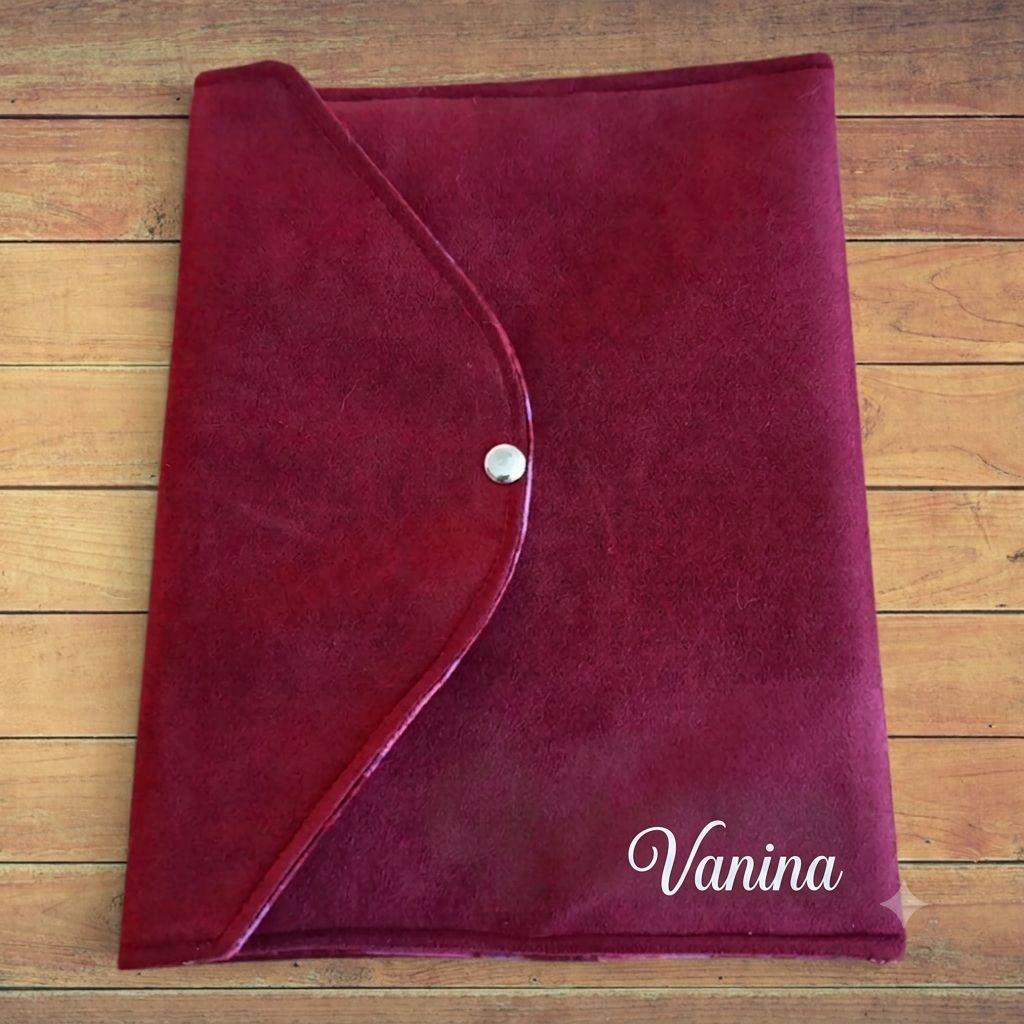 Pochette porte-revues en tissu vue fermée, avec fermeture aimantée et flex prénom 