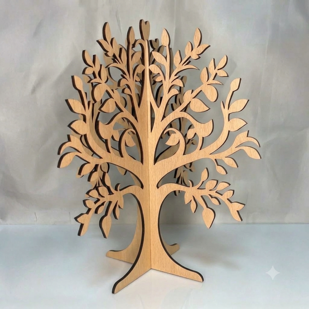 Arbre à bijoux en mélaminé imitation hêtre flamboyant découpé au laser