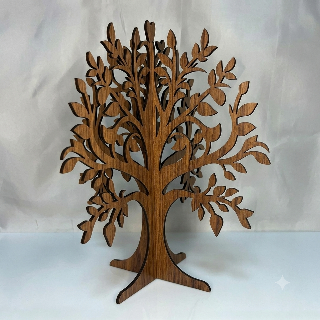 Arbre à bijoux en mélaminé imitation teck découpé au laser