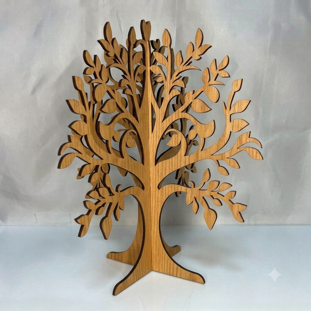 Arbre à bijoux en mélaminé imitation hêtre doré découpé au laser